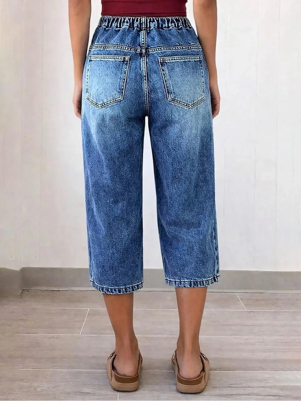 Flamingals Barrel Leg Capri High Waist Pleated Drawstring Jeans 3XL FG30-28